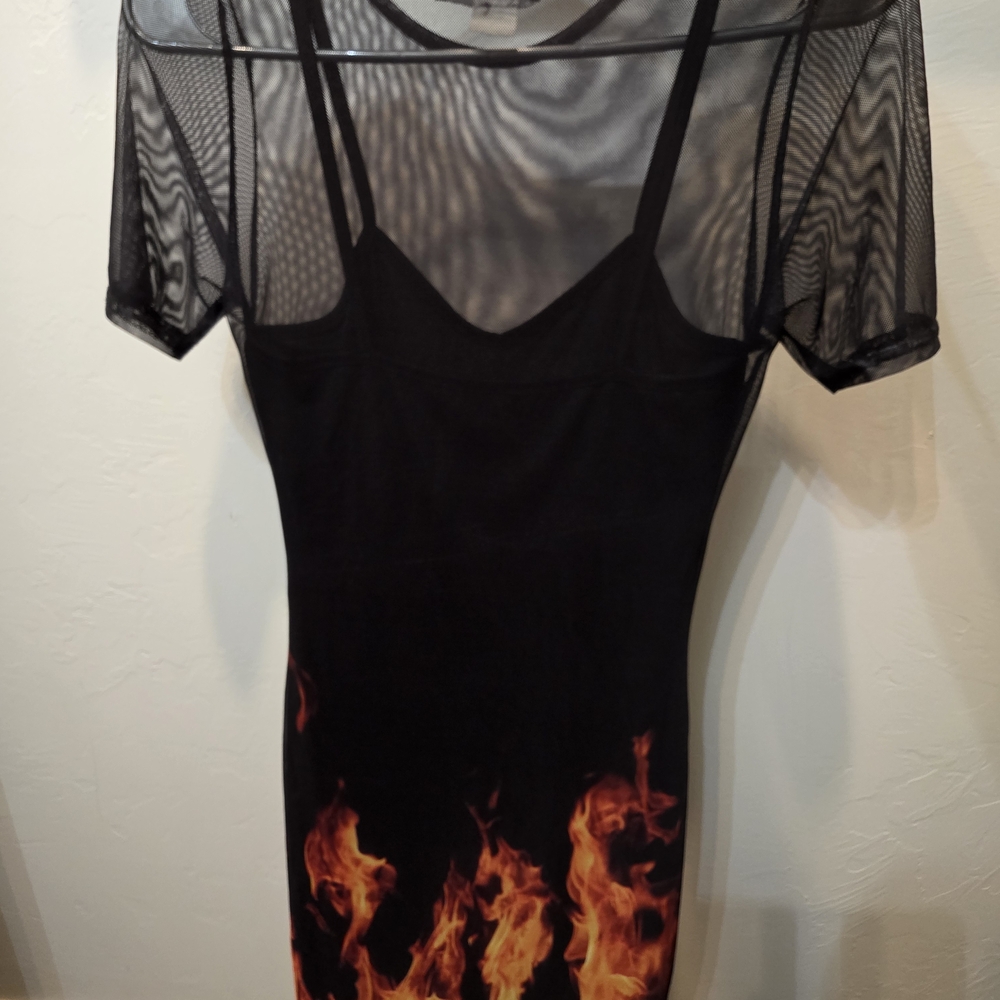 Black Mesh Dress with Flame Design